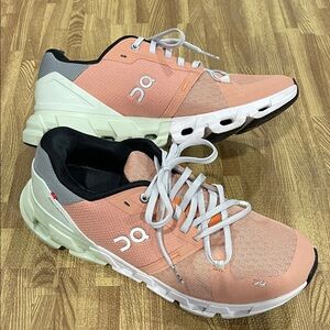 On Running Women's Cloudflyer Sneakers in Peach/orange, green and White